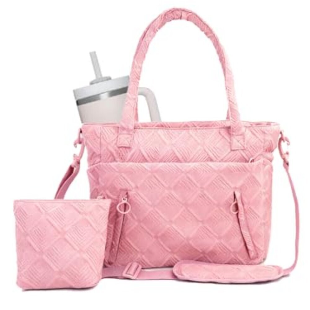 Large Quilted Puffer Tote Bag with Laptop Compartment Lightweight Work Purse - Picture 2 of 8